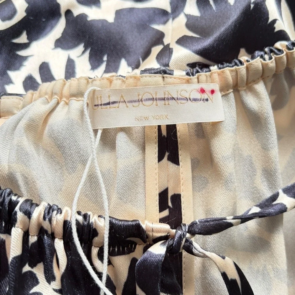 Ulla Johnson Neema Satin Blouse Top Black‎ Cream Floral Satin Puff Sleeve XS